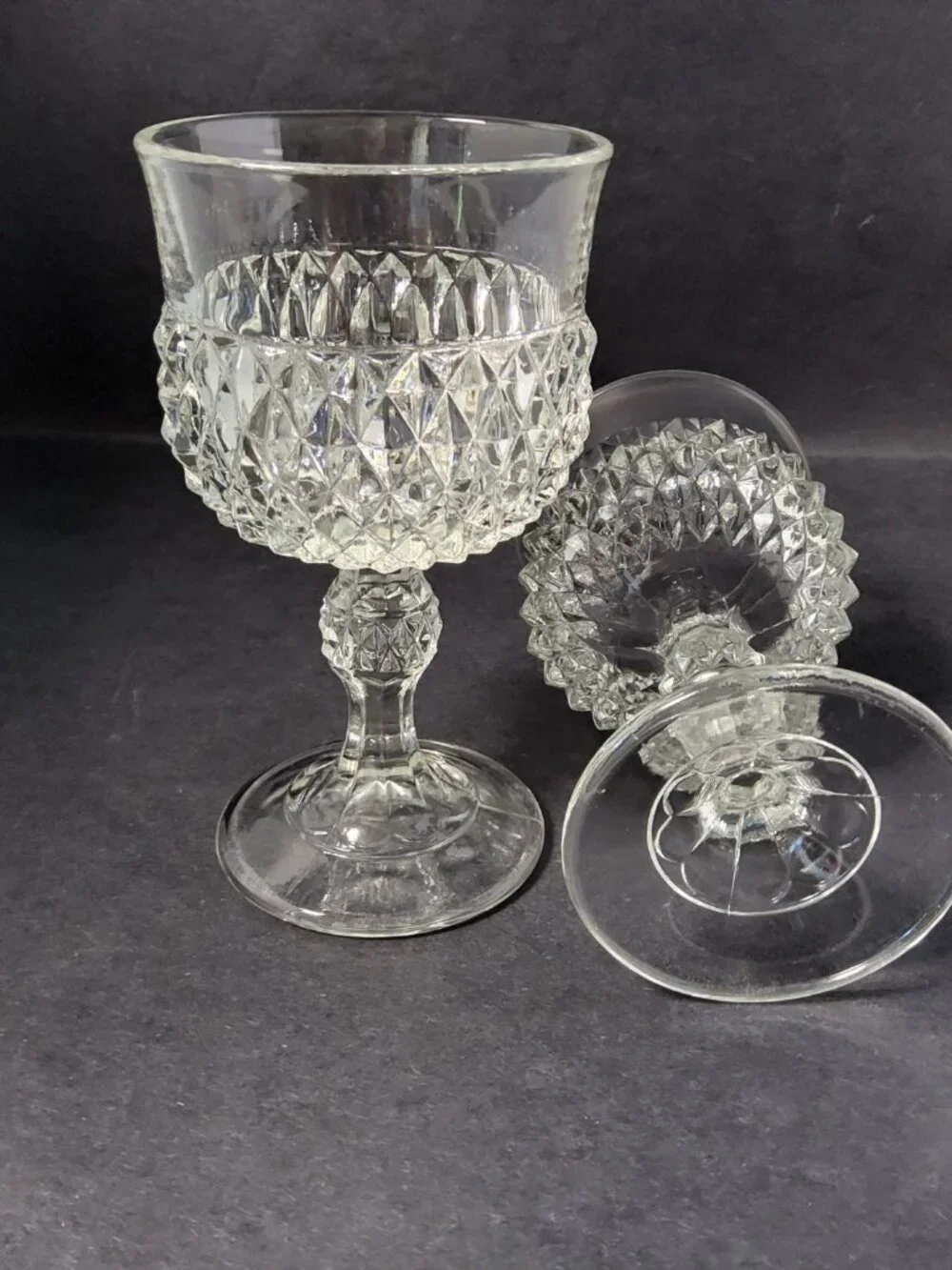 Vintage Set of 2 1960's Indiana Glass Diamond Point Clear Pedestal Wine Goblet.